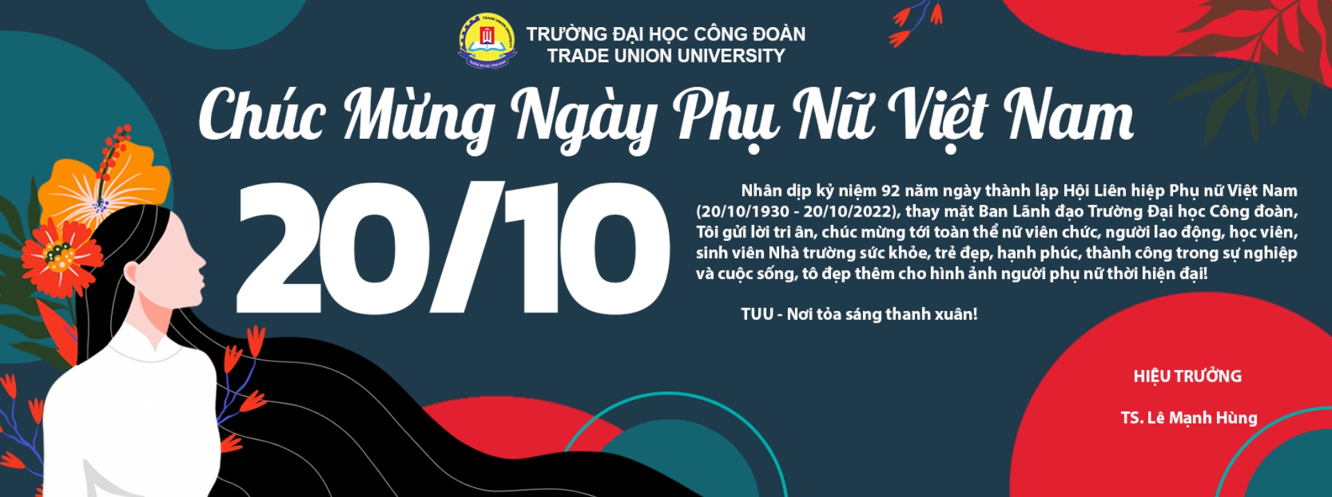 Thiệp chúc mừng Ngày phụ nữ Việt Nam 20 -10 của hiệu trưởng Trường Đại học Công Đoàn